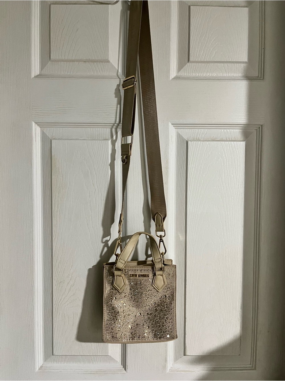 Steve Madden Rhinestone Satchel in Beige & Gold